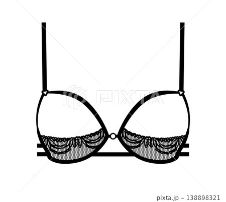 Black silhouette of a women's lace underwire bra with decorative trim and sheer mesh cups. Vector illustration of elegant feminine lingerie isolated on a white background. 138898321
