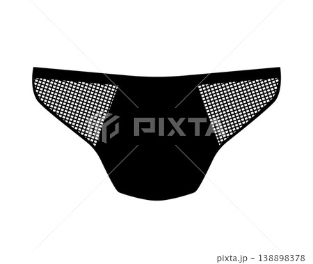 Black silhouette of women bikini bottoms with mesh side panels. Vector illustration of female swimwear isolated on a white background. Black silhouette of women bikini bottoms with mesh side panels. Vector illustration of female swimwear isolated on a white background. 138898378