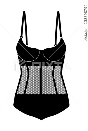 Black silhouette of women corset style bodysuit with cups, adjustable straps and mesh waist panels. Vector illustration of female lingerie isolated on white background. 138898794