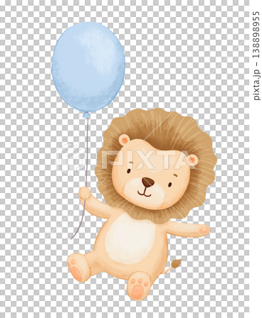 Cute baby lion with blue balloon, african animal on isolated background. Childish drawing for kids, flying character Cute baby lion with blue balloon, african animal on isolated background. Childish drawing for kids, flying character 138898955