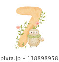 Cute owl with number 7 and flowers, watercolour funny illustration for birthday celebration and greeting design 138898958