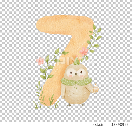 Cute owl with number 7 and flowers, watercolour funny illustration for birthday celebration and greeting design Cute owl with number 7 and flowers, watercolour funny illustration for birthday celebration and greeting design 138898958