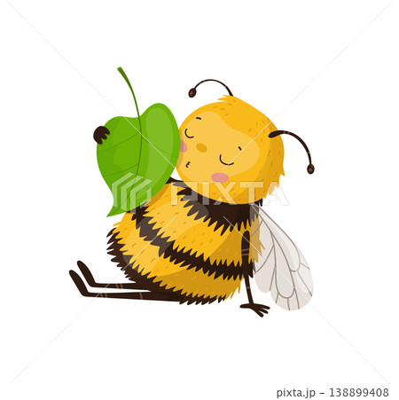 Bee Sitting and Holding Green Leaf Bee Sitting and Holding Green Leaf 138899408