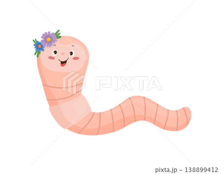 Smiling Earthworm with Flower Crown 138899412