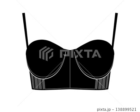 Black silhouette of longline bustier bra with underwire and mesh side panels accentuating breast shape. Vector illustration of erotic female lingerie isolated on white background. Black silhouette of longline bustier bra with underwire and mesh side panels accentuating breast shape. Vector illustration of erotic female lingerie isolated on white background. 138899521