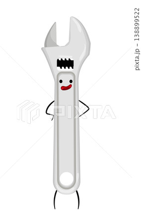 Cartoon vector illustration of an adjustable wrench with a smiling face. Repair tool character isolated on white background for plumbing and construction themes. 138899522