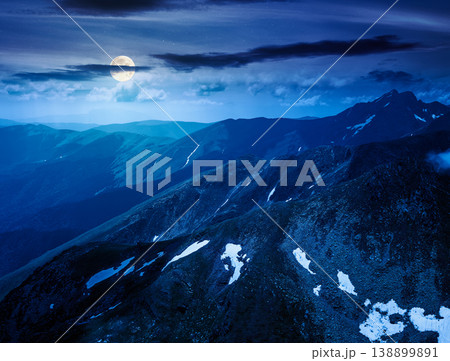 mountain scenery in summer at night. gorgeous mountainous landscape. background with rocky cliffs and grassy hillsides under a cloudy sky. full moon over ridge of mysterious mountains mountain scenery in summer at night. gorgeous mountainous landscape. background with rocky cliffs and grassy hillsides under a cloudy sky. full moon over ridge of mysterious mountains 138899891