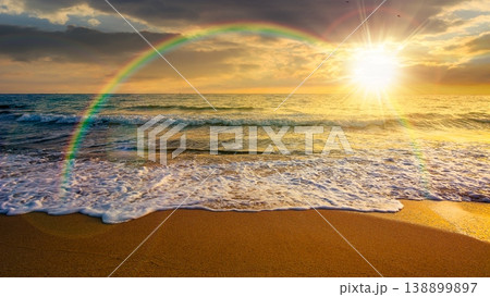 sunset over sandy sea beach background in autumn. low angle view. empty seascape scenery with calm waves. beauty seashore wallpaper. peaceful bay photo for advertising. weather with rainbow sunset over sandy sea beach background in autumn. low angle view. empty seascape scenery with calm waves. beauty seashore wallpaper. peaceful bay photo for advertising. weather with rainbow 138899897