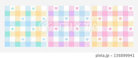 Seamless pastel plaid pattern with cute hearts, stars and flowers, gingham check geometric texture Seamless pastel plaid pattern with cute hearts, stars and flowers, gingham check geometric texture 138899941