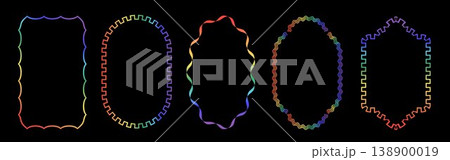 Retro whimsical rainbow gradient frame set borders. LGBTQ community symbol with rainbow. Vibrant multi colored frames for greeting cards, menu, gift tags, and modern stationery. 138900019