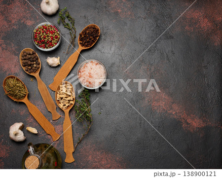 Various culinary spices in wooden spoons on brown background, top view Various culinary spices in wooden spoons on brown background, top view 138900121