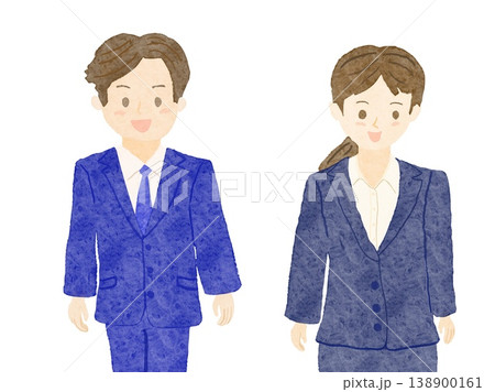 白バックに男性と女性がスーツを着て立っている笑顔のイラスト! 白バックに男性と女性がスーツを着て立っている笑顔のイラスト! 138900161