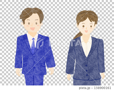 白バックに男性と女性がスーツを着て立っている笑顔のイラスト! 白バックに男性と女性がスーツを着て立っている笑顔のイラスト! 138900161