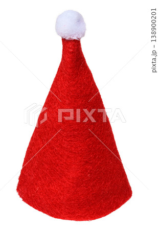 Red cone-shaped hat made of thick fleecy material with a white fluffy pompom on top Red cone-shaped hat made of thick fleecy material with a white fluffy pompom on top 138900201