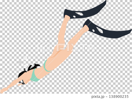 An illustration of a woman swimming with fins on her feet. 138900235