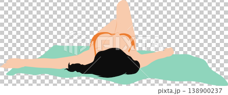 A photograph of a woman from behind, wearing a swimsuit and sunbathing on a beach with a picnic blanket spread out. A photograph of a woman from behind, wearing a swimsuit and sunbathing on a beach with a picnic blanket spread out. 138900237
