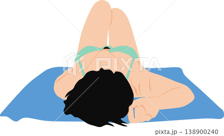 レジャーシートを敷いて砂浜で水着を着て日焼けする女性の後ろ姿の写真	 138900240