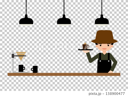 Simple flat illustration of a barista serving coffee (cafe/advertising material) 138900477