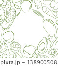 Frame with line art style fruit and vegetable, corn, eggplant, peach, avocado. Illustration background for healthy menu, organic store package and grocery shop. 138900508
