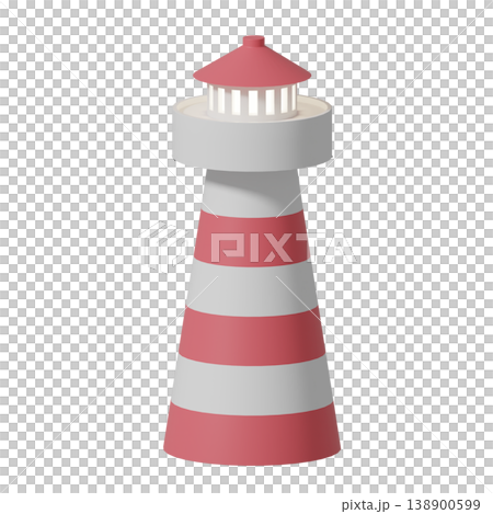 3D illustration of a lighthouse with red and white stripes, summer beach theme. 3D illustration of a lighthouse with red and white stripes, summer beach theme. 138900599