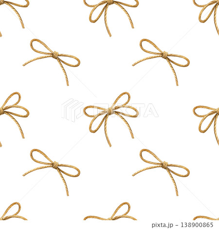 Watercolor seamless pattern of twisted rope tied into repeating bows. Realistic hand-painted style. Ideal for frames, packaging edges, invitations, textiles and nautical-themed designs 138900865