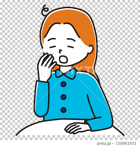 An illustration of a woman yawning under a blanket. 138901031