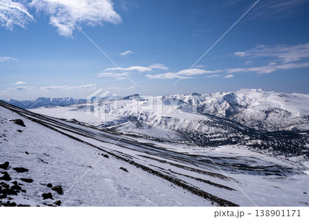 北海道冬・青空と稜線の雪山パノラマ。北海道の大自然を代表する絶景。白銀に輝く山頂と澄み渡る青空の冬の 北海道冬・青空と稜線の雪山パノラマ。北海道の大自然を代表する絶景。白銀に輝く山頂と澄み渡る青空の冬の 138901171