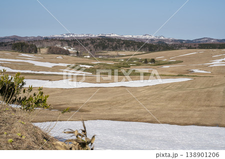 北海道の残雪が点在する広大な高原と残雪の山並み、春の芽吹き 138901206