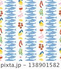 Striped sardines fish, Mediterranean seafood, wine, tomatoes, pepper, lemon, olives Vector Dolce vita seamless pattern 138901582