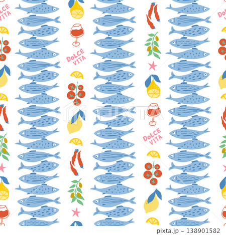 Striped sardines fish, Mediterranean seafood, wine, tomatoes, pepper, lemon, olives Vector Dolce vita seamless pattern 138901582