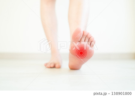 Woman suffering from foot pain while walking at home. Causes of foot pain include plantar fasciitis, tendonitis, sprains, bursitis and osteoarthritis. Close up. 138901800