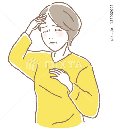 具合が悪そうな中高年女性のイラスト 頭痛•生理痛•更年期•体調不良 具合が悪そうな中高年女性のイラスト 頭痛•生理痛•更年期•体調不良 138902095