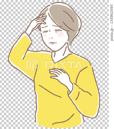 具合が悪そうな中高年女性のイラスト 頭痛•生理痛•更年期•体調不良 具合が悪そうな中高年女性のイラスト 頭痛•生理痛•更年期•体調不良 138902095