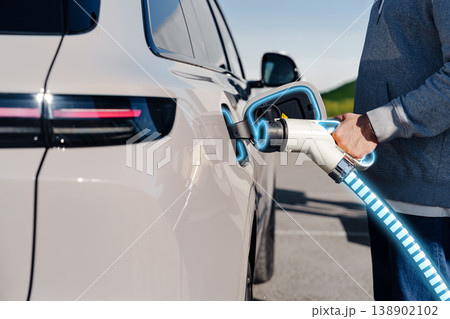 Electric car plugged into charging station in an outdoor setting with clear skies Electric car plugged into charging station in an outdoor setting with clear skies 138902102