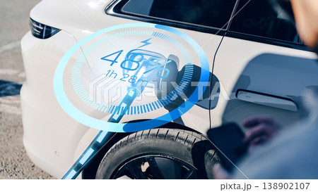 Electric car charging at a public station in the afternoon with real-time battery display Electric car charging at a public station in the afternoon with real-time battery display 138902107