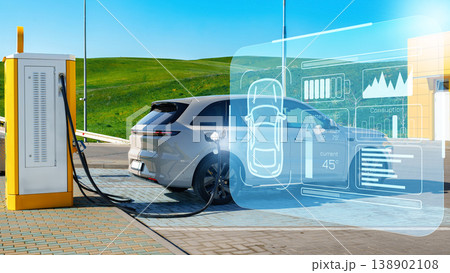 Electric car charges at a station during daytime under clear blue skies Electric car charges at a station during daytime under clear blue skies 138902108