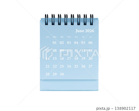 Desktop calendar for June 2026 in blue colour. Mini planner for business and finance, spiral view on isolated white background Desktop calendar for June 2026 in blue colour. Mini planner for business and finance, spiral view on isolated white background 138902117