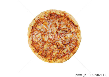Fresh Hawaiian Pizza with Chicken and Pineapple Isolated on White 138902119