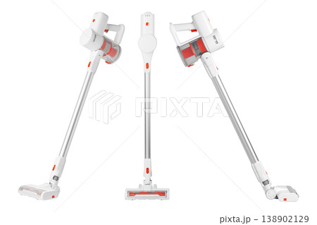 Set White background showcases sleek cordless vacuum technology. Wireless stick cleaner for modern Set White background showcases sleek cordless vacuum technology. Wireless stick cleaner for modern 138902129
