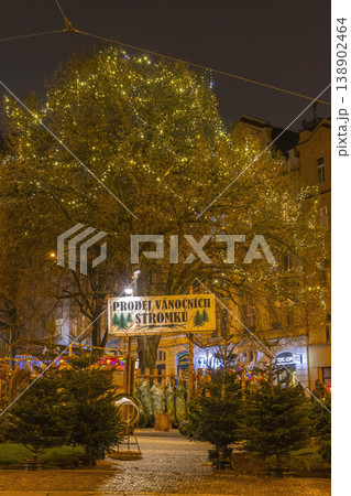 Prague Christmas tree market at night with festive lights 138902464