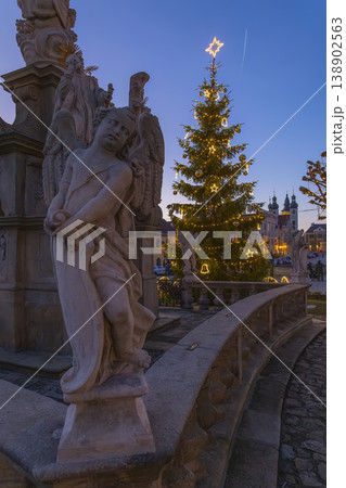 Baroque column statue with Christmas tree on Telc square Baroque column statue with Christmas tree on Telc square 138902563