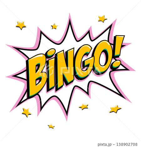 Bingo starburst icon in pop art comic style with bold yellow lettering on white star shape and pink outline accents. Retro vector bingo logo for lottery, lotto, casino posters and game branding Bingo starburst icon in pop art comic style with bold yellow lettering on white star shape and pink outline accents. Retro vector bingo logo for lottery, lotto, casino posters and game branding 138902708
