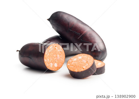 Smoked Polish Sausage With Dark Casing and Sliced Spicy Kielbasa On White Background 138902900