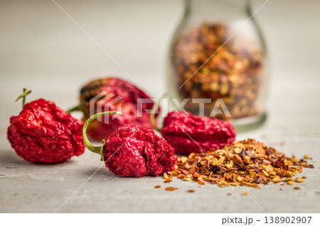 Dried Red Chili Peppers With Crushed Red Pepper Flakes Spices and Hot Seasoning Close-Up Dried Red Chili Peppers With Crushed Red Pepper Flakes Spices and Hot Seasoning Close-Up 138902907