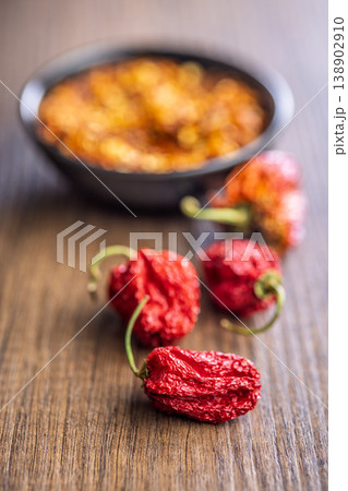 Dried Red Chili Peppers With Crushed Red Pepper Flakes On Wooden Surface, Spicy Seasoning 138902910