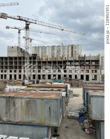 Construction Site with Temporary Worker Trailers and Tower Crane Construction Site with Temporary Worker Trailers and Tower Crane 138902951