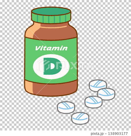 ビタミンDサプリ錠剤とボトルのイラスト|健康・栄養補助食品 ビタミンDサプリ錠剤とボトルのイラスト|健康・栄養補助食品 138903177