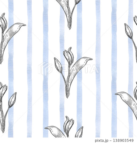 Blue striped seamless pattern with graphic lily plants isolated on white. Hand drawn ink flowers stem bud illustration with watercolor lines background. Floral design for wallpaper or fabric print. 138903549