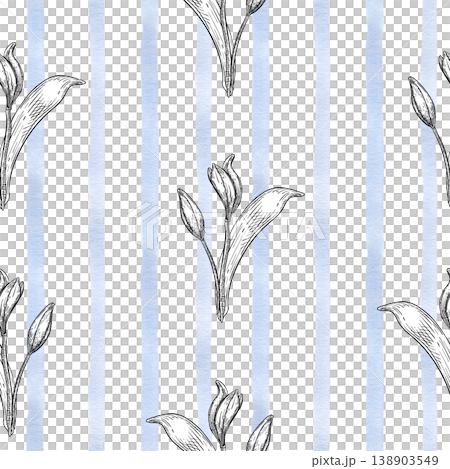 Blue striped seamless pattern with graphic lily plants isolated on white. Hand drawn ink flowers stem bud illustration with watercolor lines background. Floral design for wallpaper or fabric print. 138903549