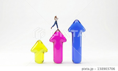 Business woman jumping between growth arrows representing career progress and ambition. Business woman jumping between growth arrows representing career progress and ambition. 138903706